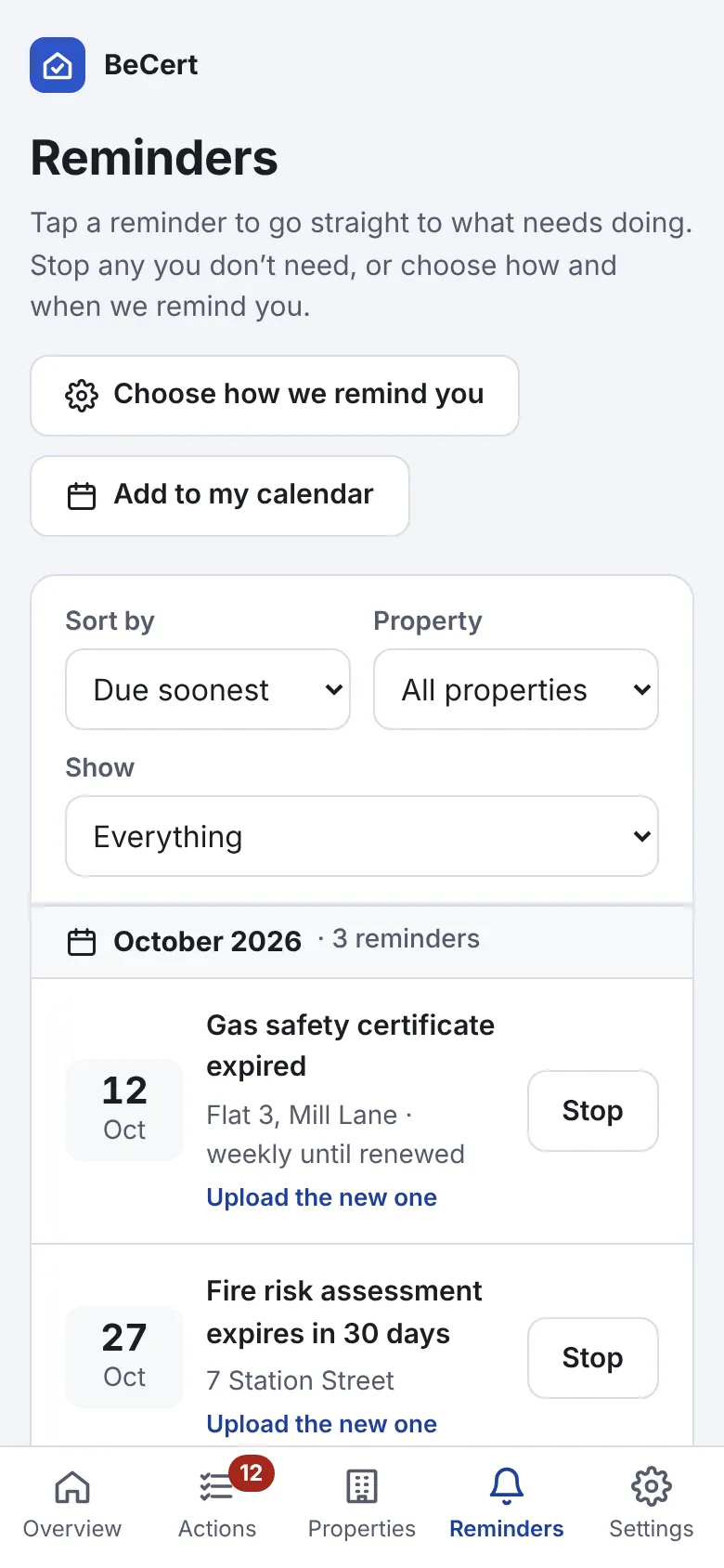 BeCert reminders for October 2026: a gas safety certificate that has expired at Flat 3, Mill Lane and a fire risk assessment due in 30 days, each with a Stop button.